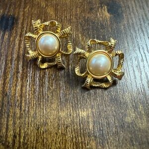Vintage Stamped MONET Gold Tone Faux Pearl Ribbon Earrings Cocktail Statement